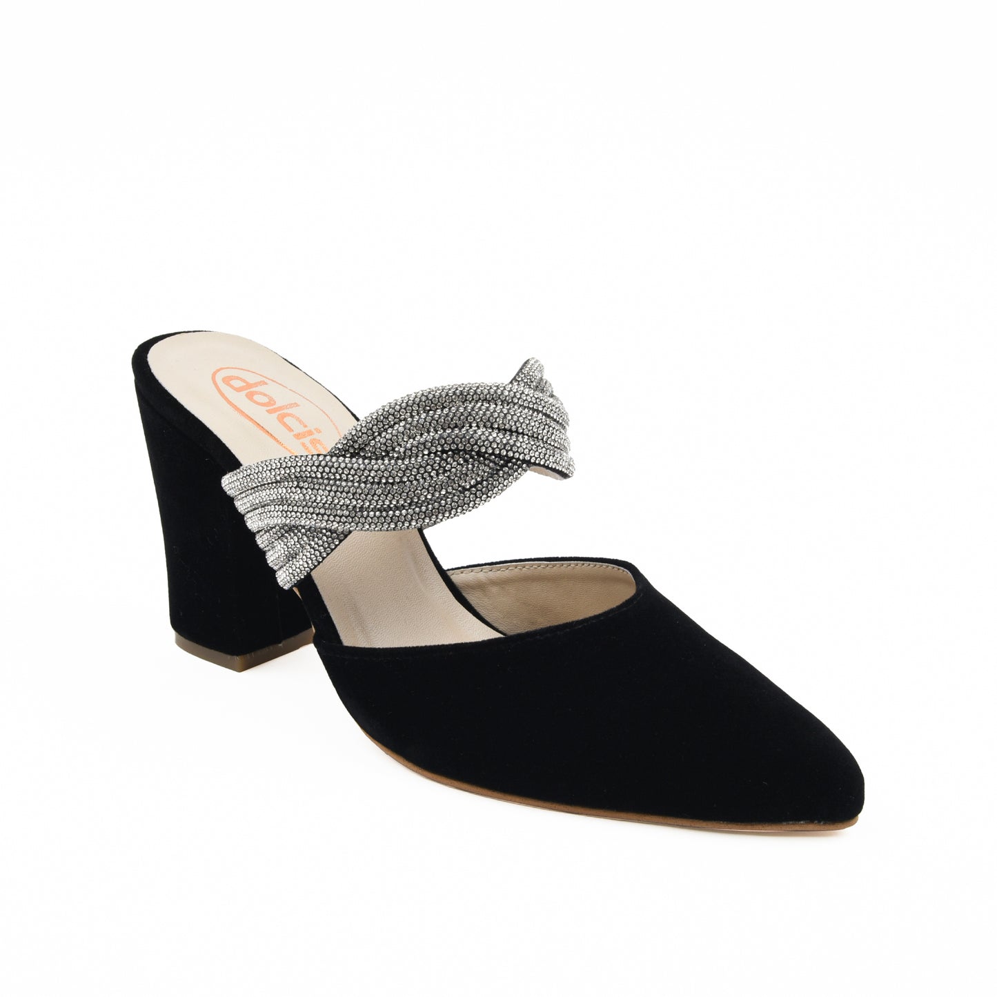 Black Velvet Block Heels with Twisted Strap | 497L-C