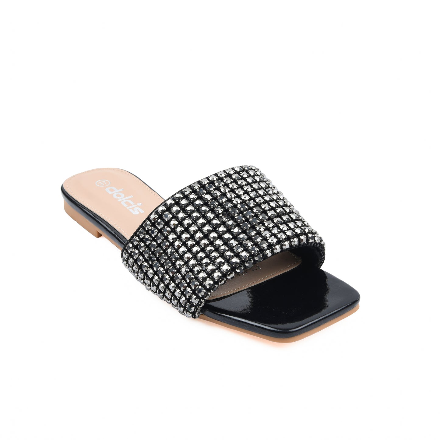 Chic Black Embellished Flats Slippers | 590J-C