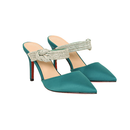 Elegant Teal Satin Mules with Embellished Knot | 494L-K