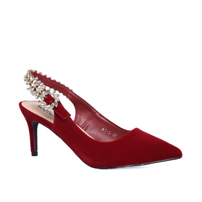 Red Velvet Slingback Heels with Crystal Embellishment | 495H-E