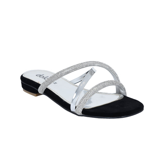 Glamorous Silver Strappy Flats Slippers | 515J-C