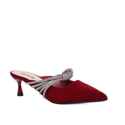 Red Velvet Slip-On Heels with Rhinestone Knot | 481L-E