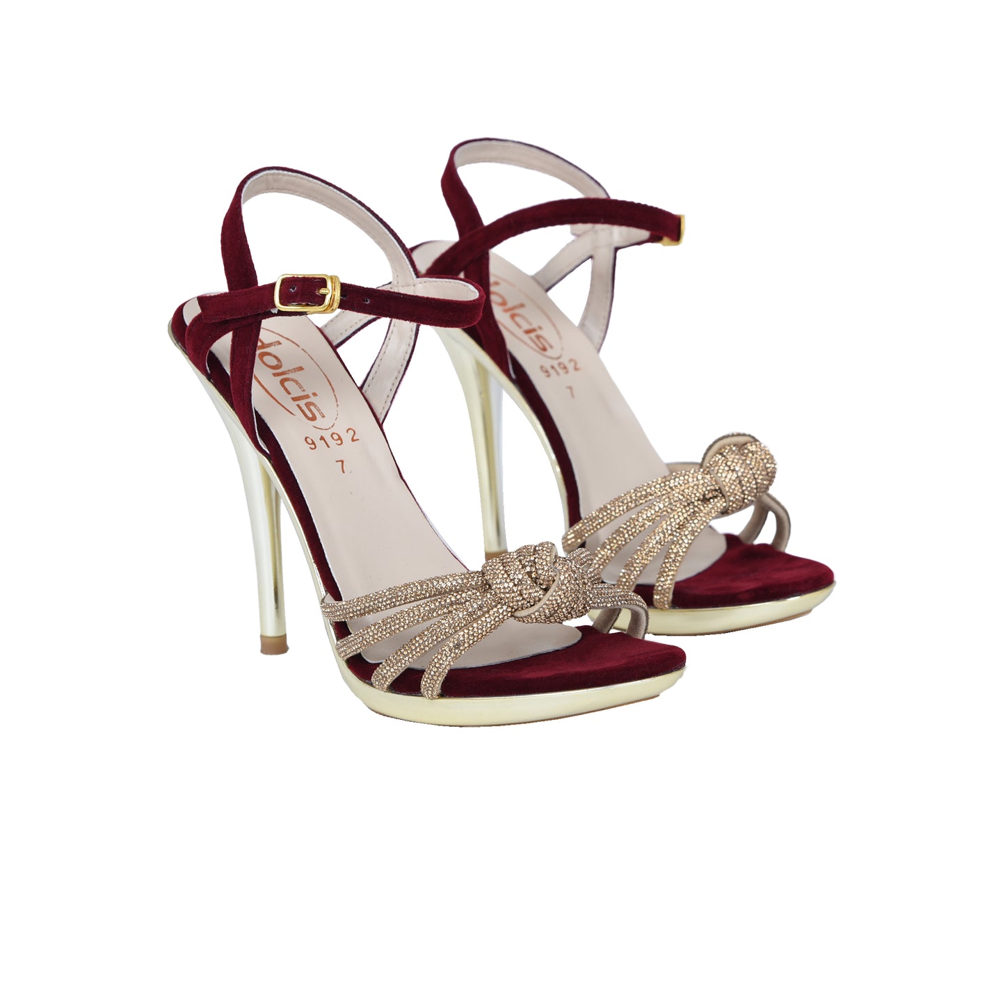 Chic Maroon High Heel Sandals with Gold Strappy Design | 267D-M