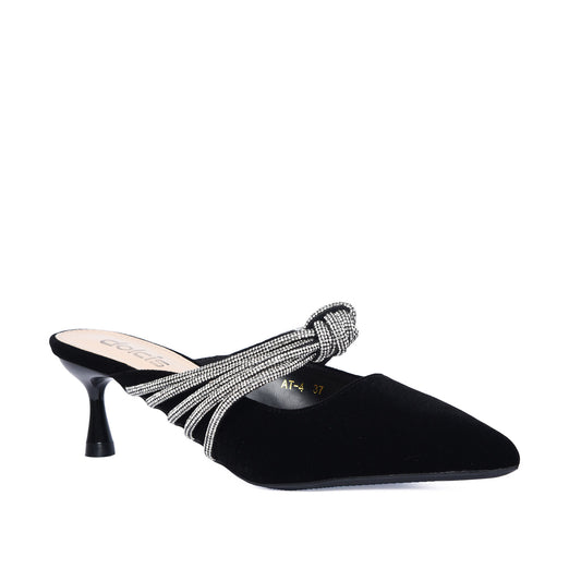Black Velvet Slip-On Heels with Rhinestone Knot | 481L-C