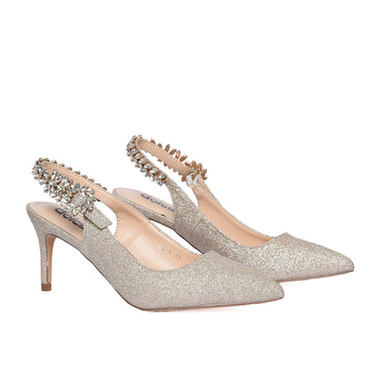 Silver Glitter Slingback Heels with Crystal Embellishment | 495H-X