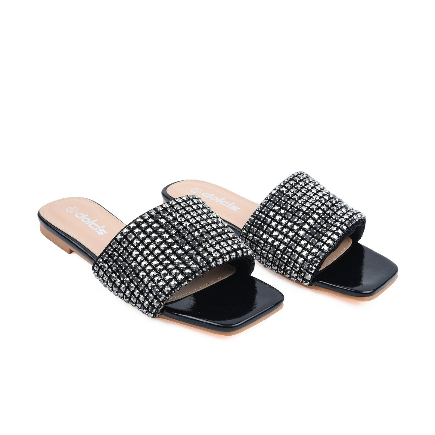 Chic Black Embellished Flats Slippers | 590J-C