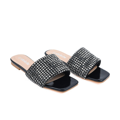Chic Black Embellished Flats Slippers | 590J-C
