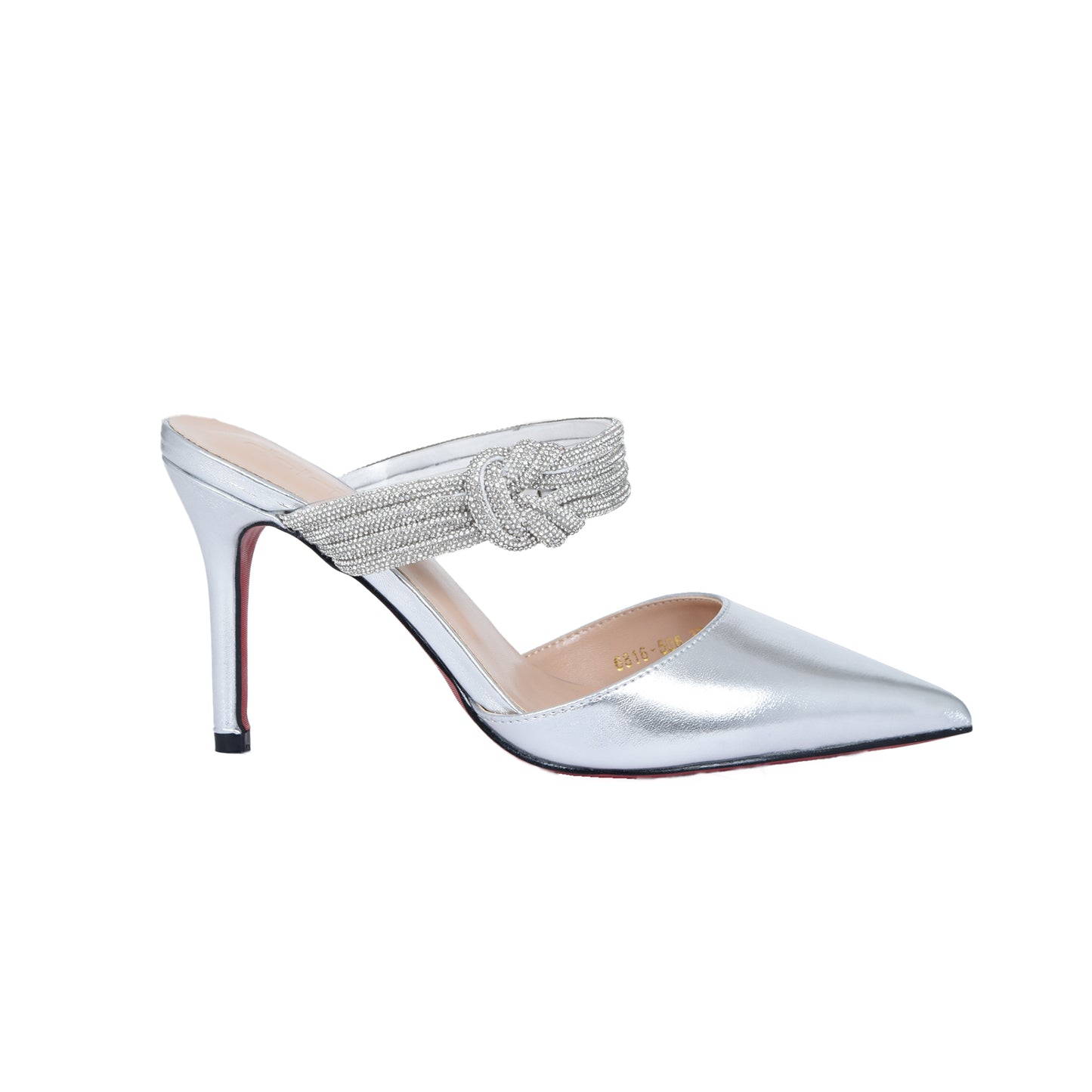 Shiny Silver Satin Mules with Embellished Knot | 494L-S