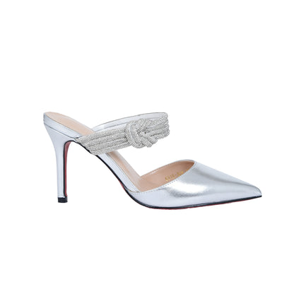 Shiny Silver Satin Mules with Embellished Knot | 494L-S