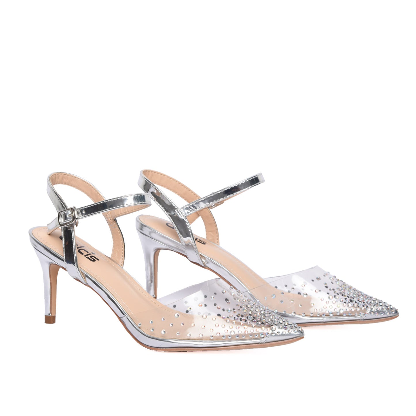 Silver Pointed-Toe Heels with Ankle Strap | 482L-S