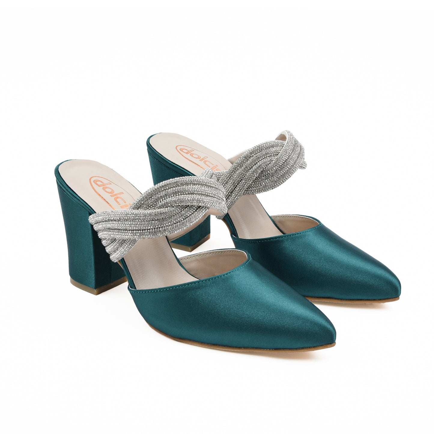 Teal Satin Block Heels with Twisted Strap | 497L-K