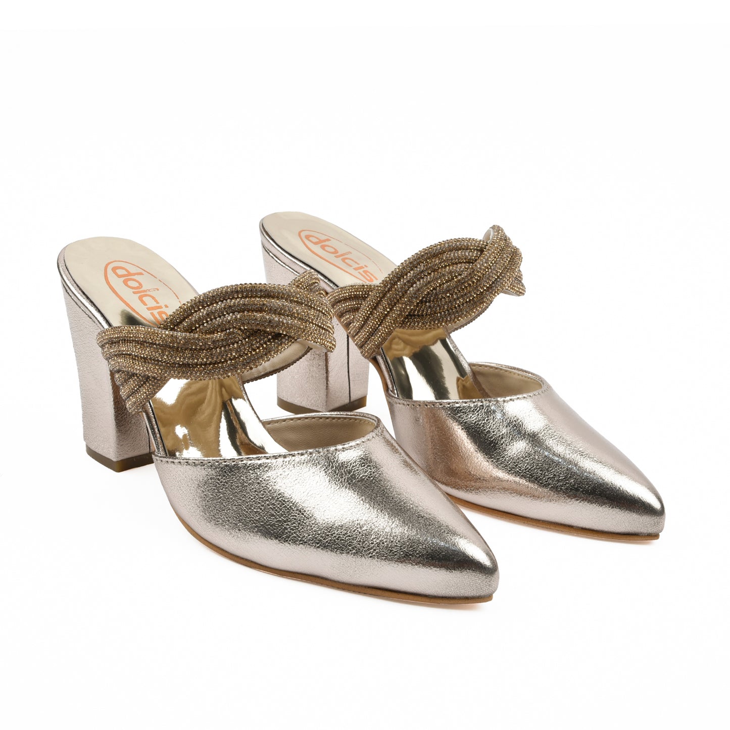 Silver Metallic Block Heels with Twisted Strap | 497L-X
