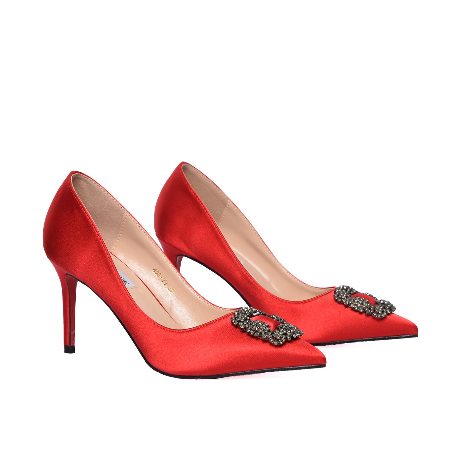 Glamorous Red Satin Pumps with Crystal Embellishment | 472L-E