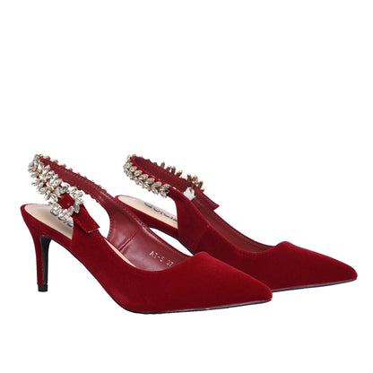 Red Velvet Slingback Heels with Crystal Embellishment | 495H-E