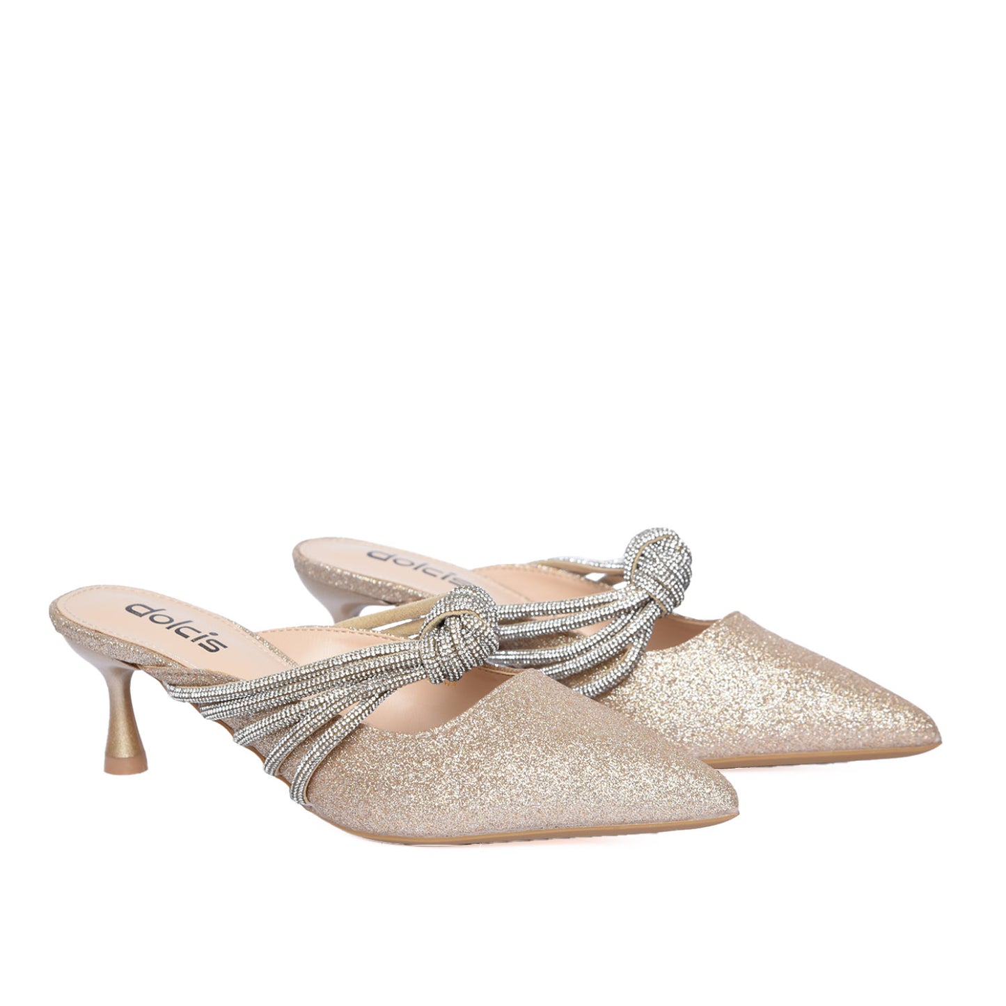 Gold Glitter Slip-On Heels with Rhinestone Knot | 481L-X