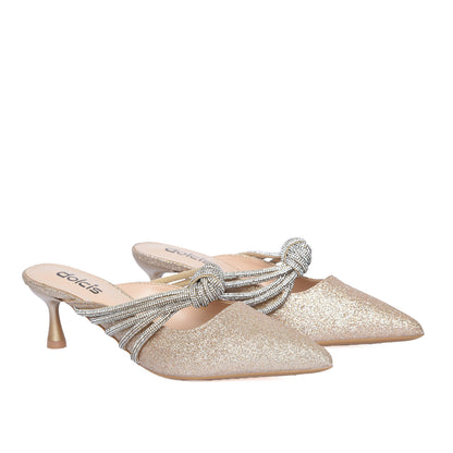 Gold Glitter Slip-On Heels with Rhinestone Knot | 481L-X
