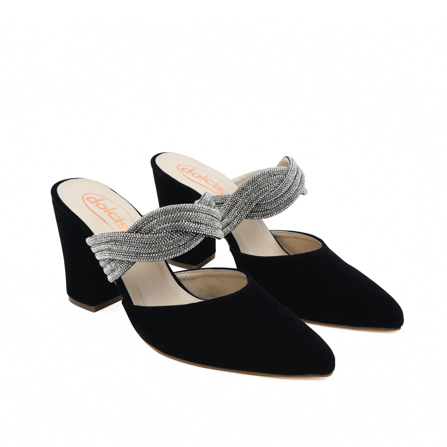 Black Velvet Block Heels with Twisted Strap | 497L-C