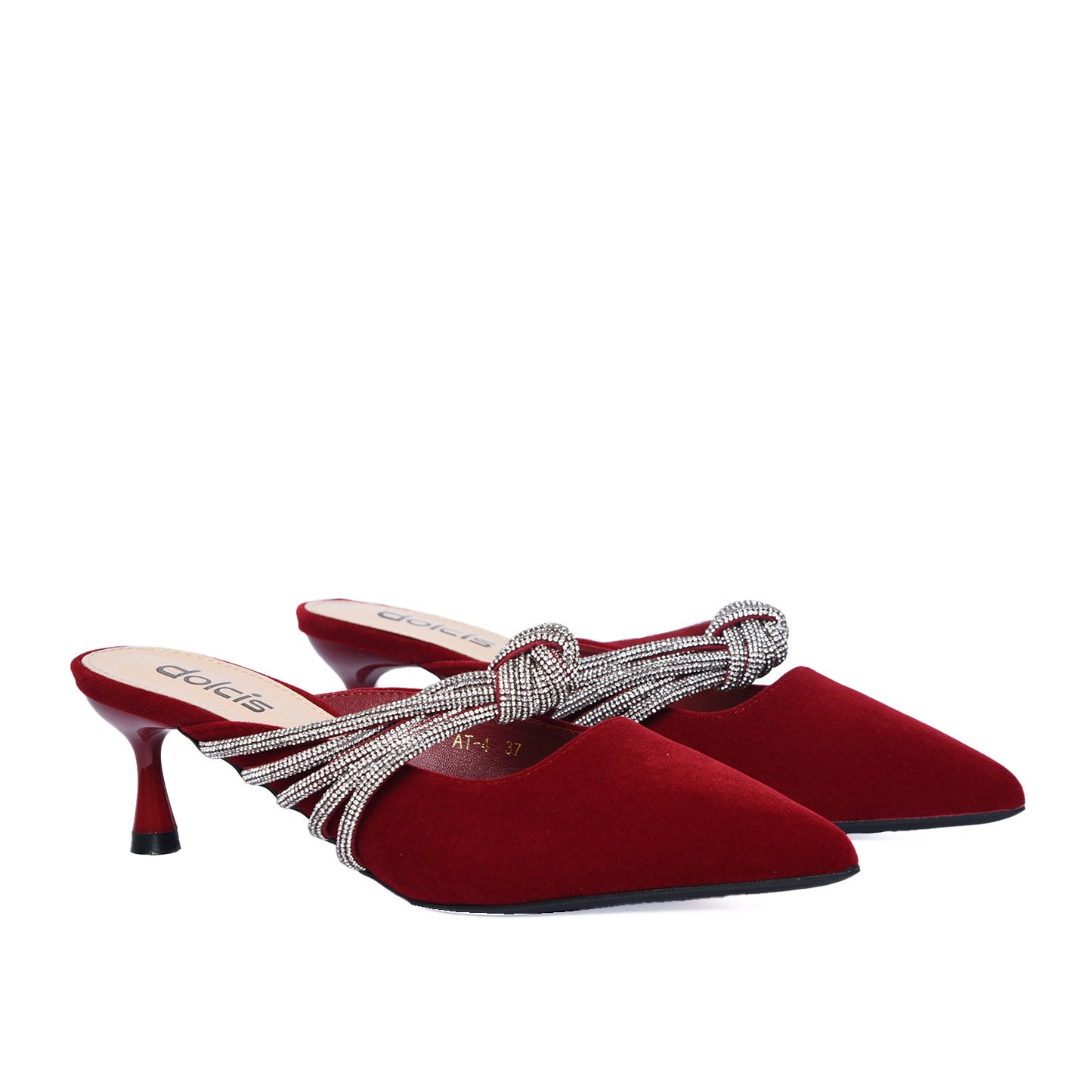Red Velvet Slip-On Heels with Rhinestone Knot | 481L-E