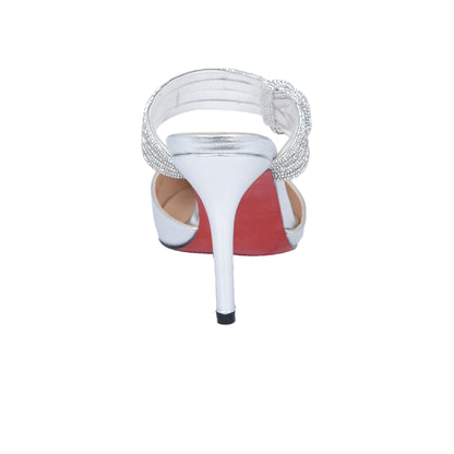 Shiny Silver Satin Mules with Embellished Knot | 494L-S