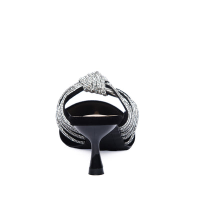 Black Velvet Slip-On Heels with Rhinestone Knot | 481L-C