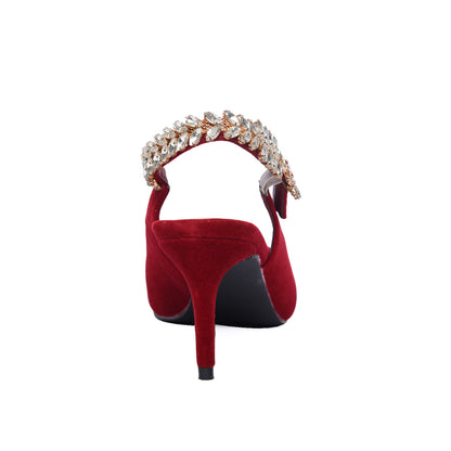 Red Velvet Slingback Heels with Crystal Embellishment | 495H-E