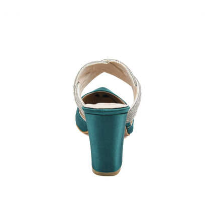 Teal Satin Block Heels with Twisted Strap | 497L-K