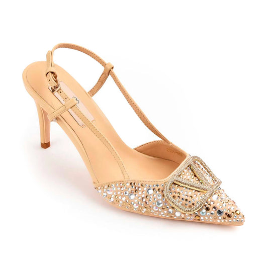 Beige Slingback Heels with Studded Design | 479M-F