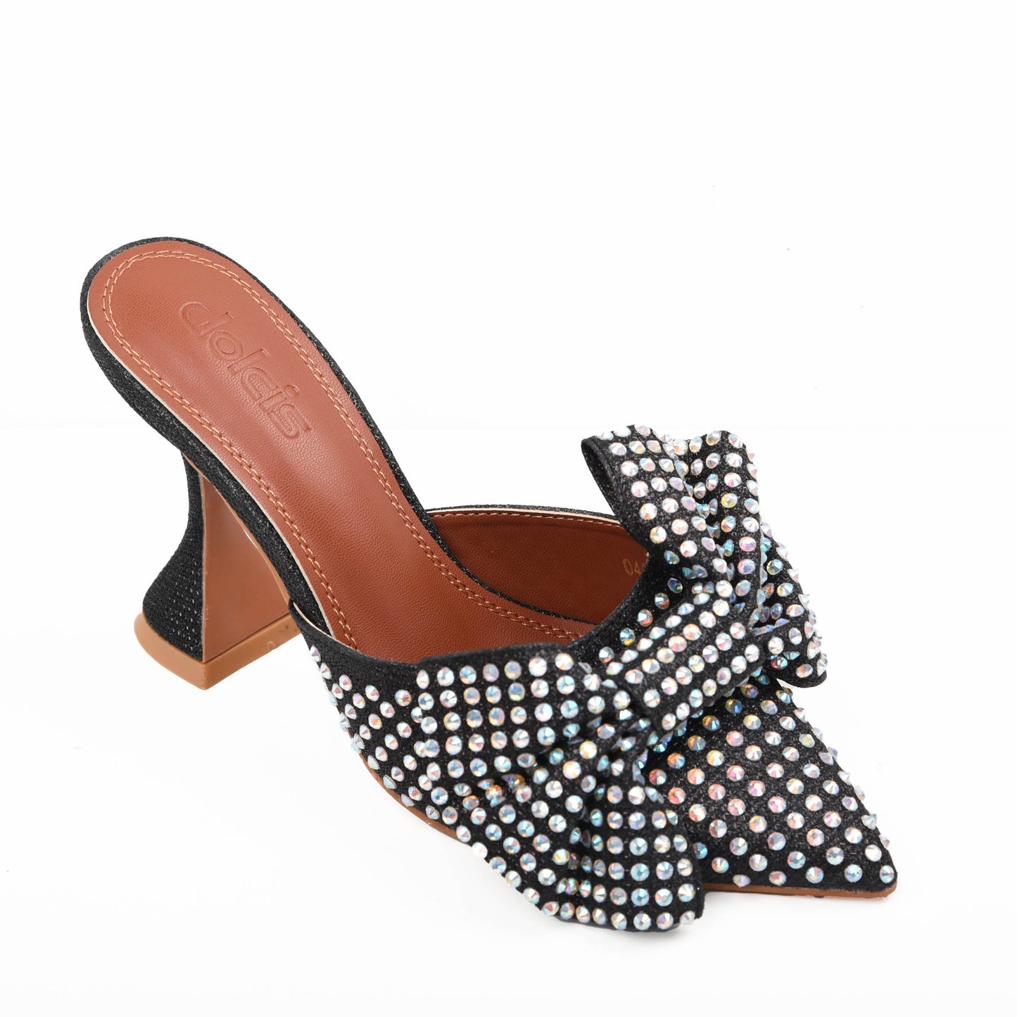Black Mule Heels with Rhinestone Bow | 479K-C