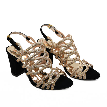 Elegant Black Block Heel Sandals with Gold Strappy Design | 264C-C