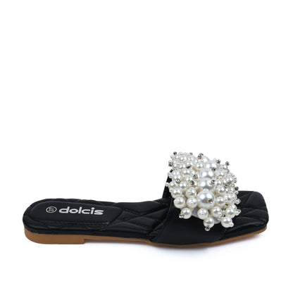Elegant Black Pearl Embellished Flats Slippers | 591J-C