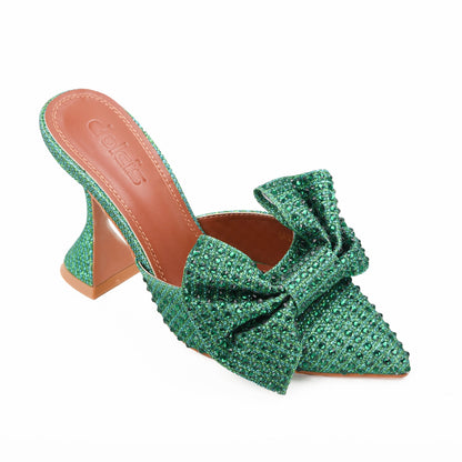 Green Mule Heels with Rhinestone Bow | 479K-K