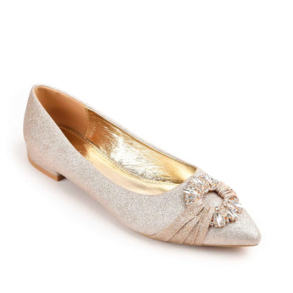 Glamorous Gold Glitter Flats with Crystal Embellishment Slippers | 468M-X