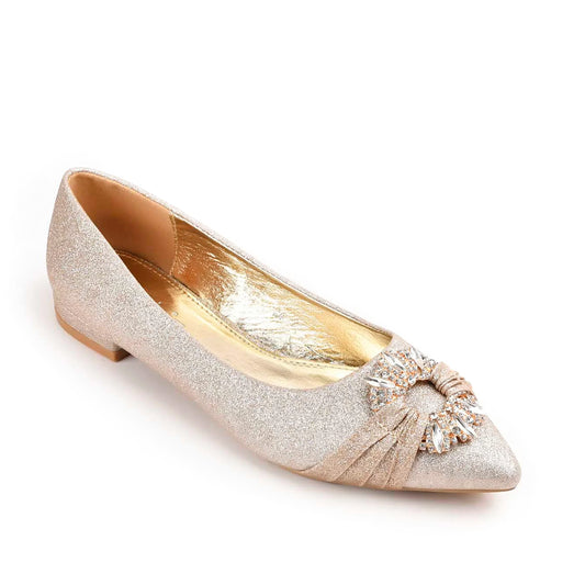Glamorous Gold Glitter Flats with Crystal Embellishment Slippers | 468M-X