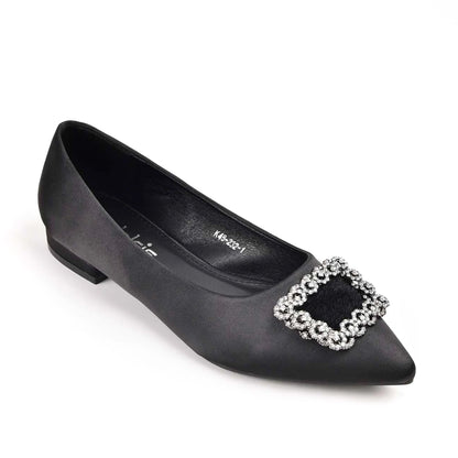 Elegant Black Satin Flats with Crystal Embellishment Slippers| 469M-C