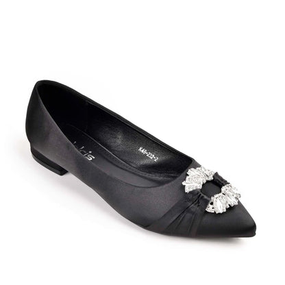 Elegant Black Satin Flats with Crystal Embellishment Slippers | 468M-C