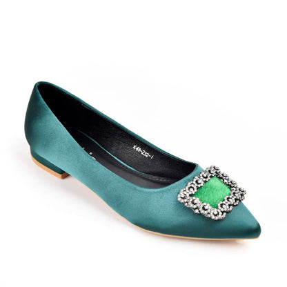 Elegant Teal Satin Flats with Crystal Embellishment Slippers | 469M-K