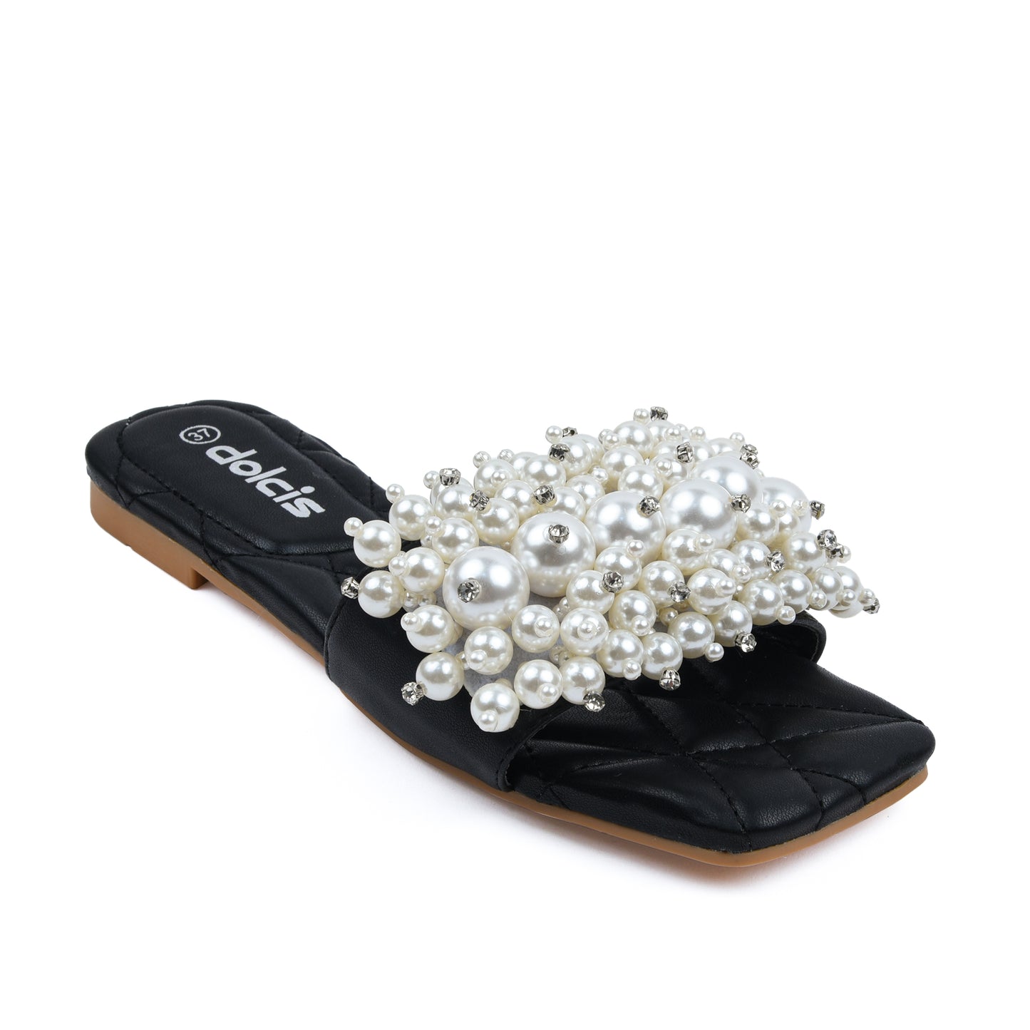 Elegant Black Pearl Embellished Flats Slippers | 591J-C