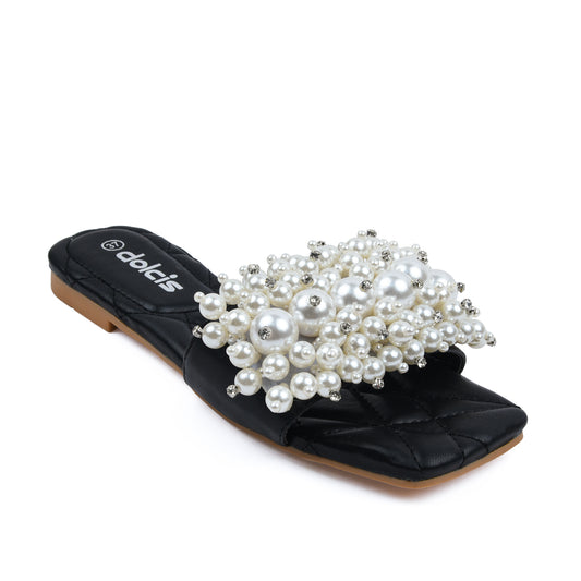 Elegant Black Pearl Embellished Flats Slippers | 591J-C