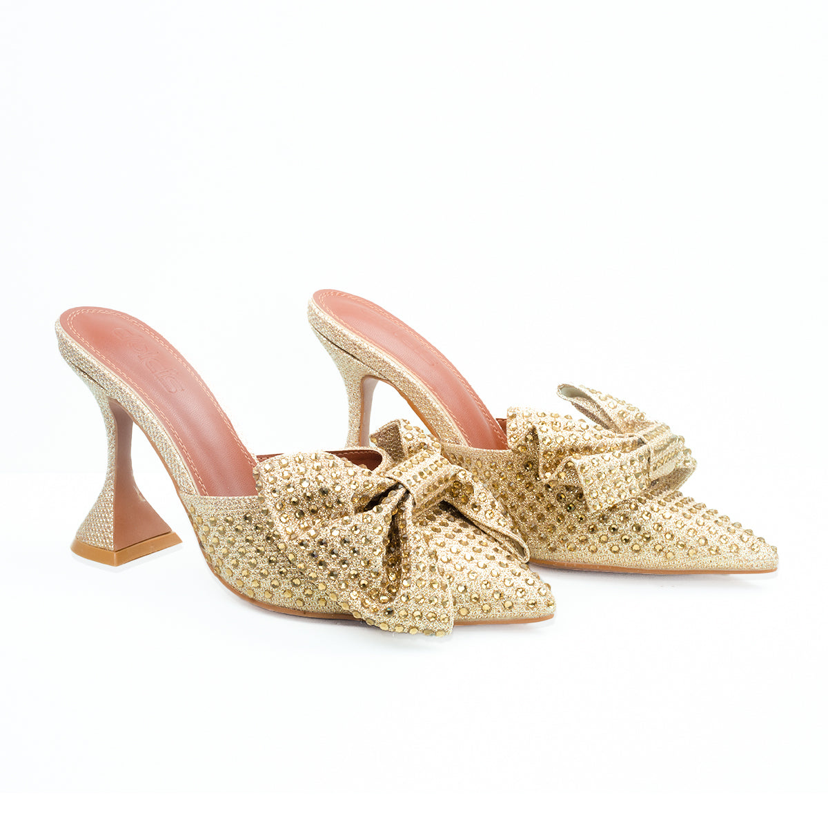 Gold Mule Heels with Rhinestone Bow | 479K-X