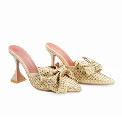 Gold Mule Heels with Rhinestone Bow | 479K-X