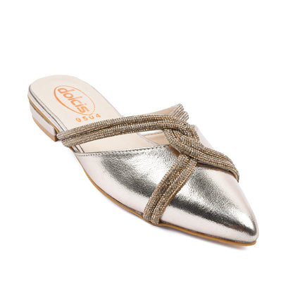 Chic Silver Strappy Flat Mules | 405M-X