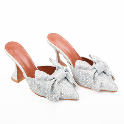 Silver Mule Heels with Rhinestone Bow | 479K-S