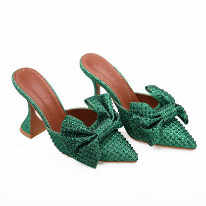 Green Mule Heels with Rhinestone Bow | 479K-K