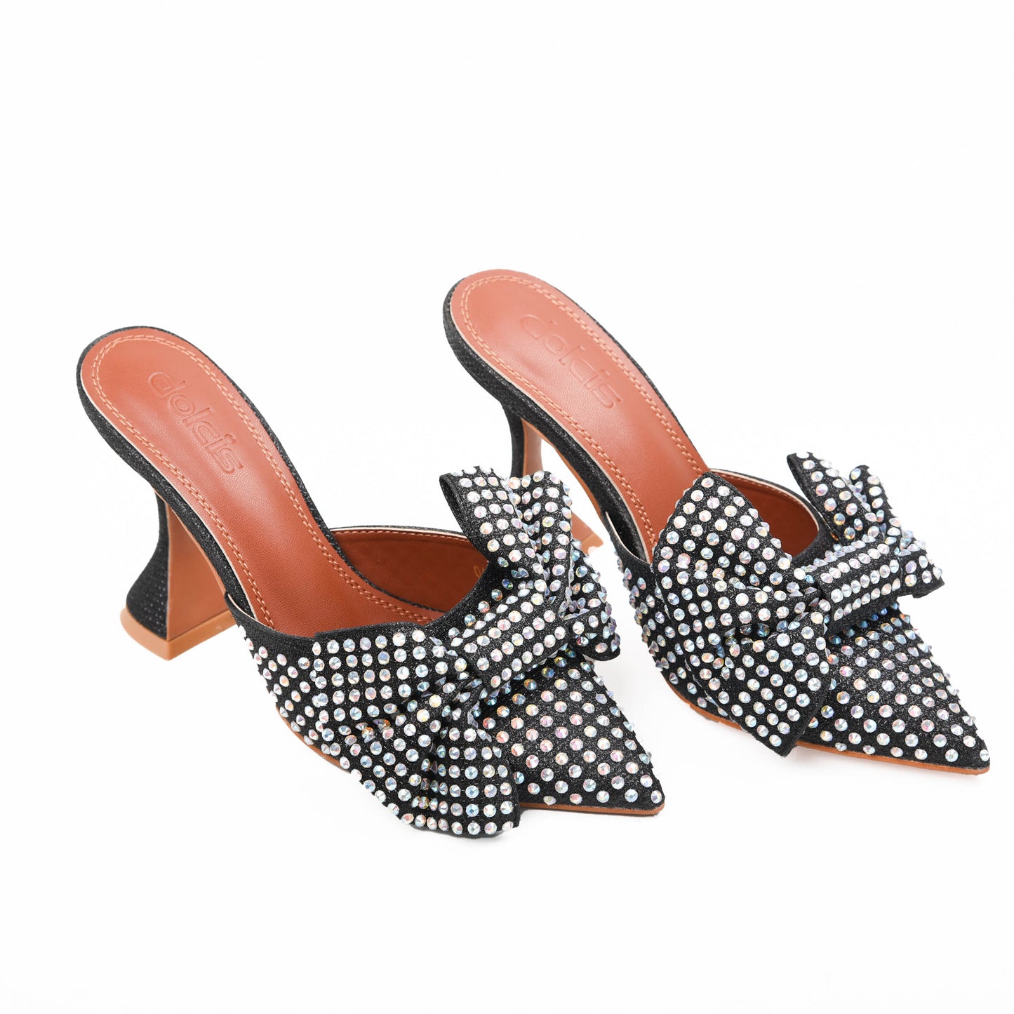 Black Mule Heels with Rhinestone Bow | 479K-C