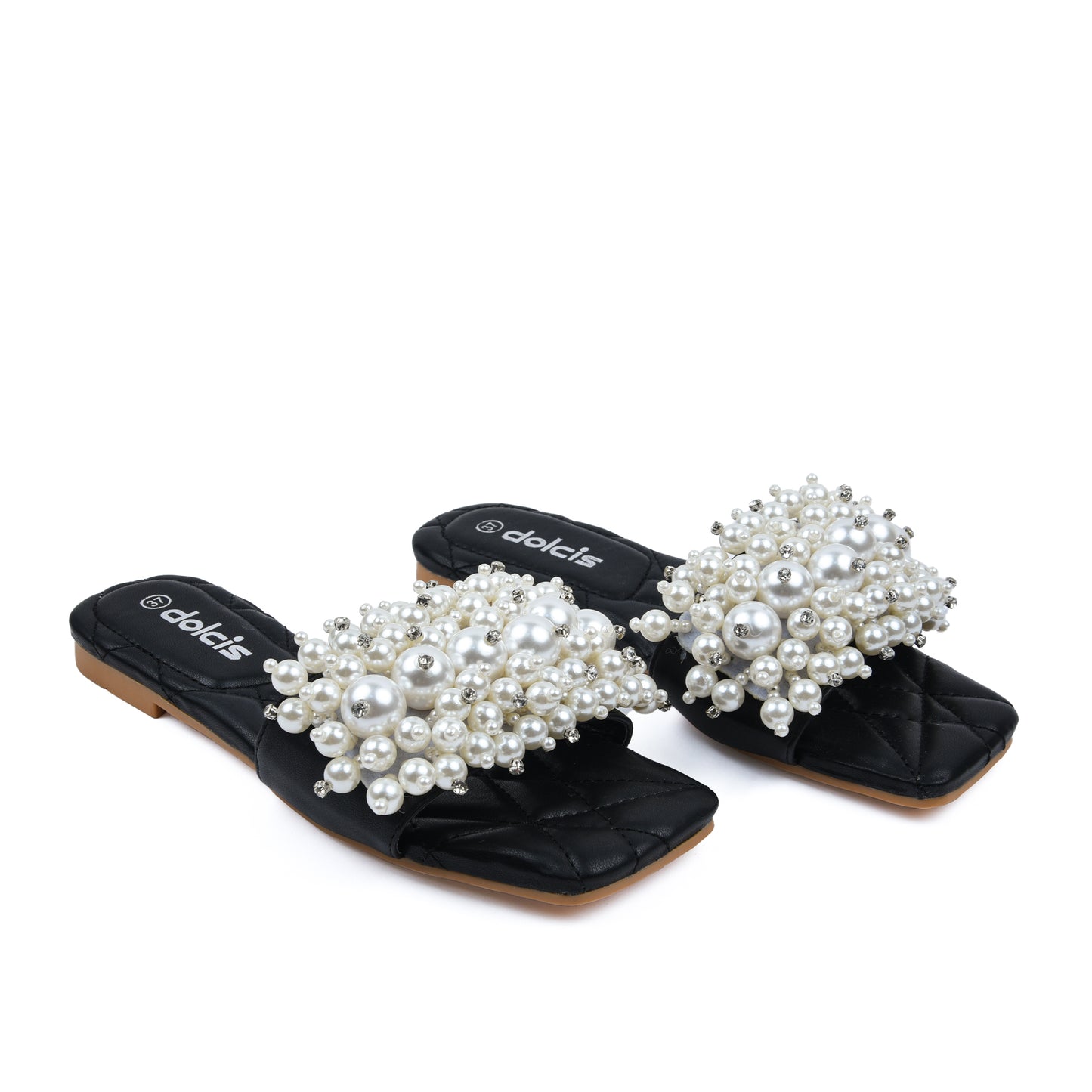 Elegant Black Pearl Embellished Flats Slippers | 591J-C
