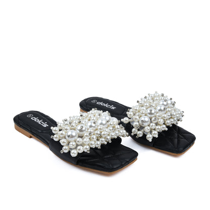 Elegant Black Pearl Embellished Flats Slippers | 591J-C