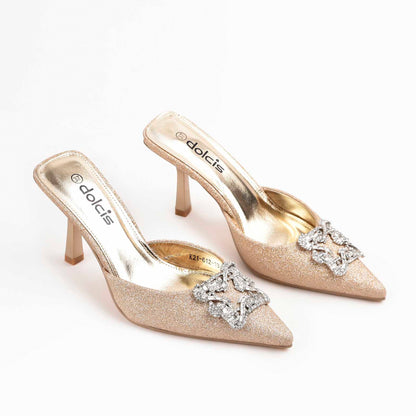Luxurious Gold Glitter Mules with Crystal Embellishment | 466M-X