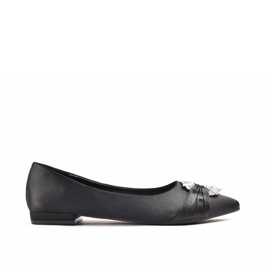 Elegant Black Satin Flats with Crystal Embellishment Slippers | 468M-C