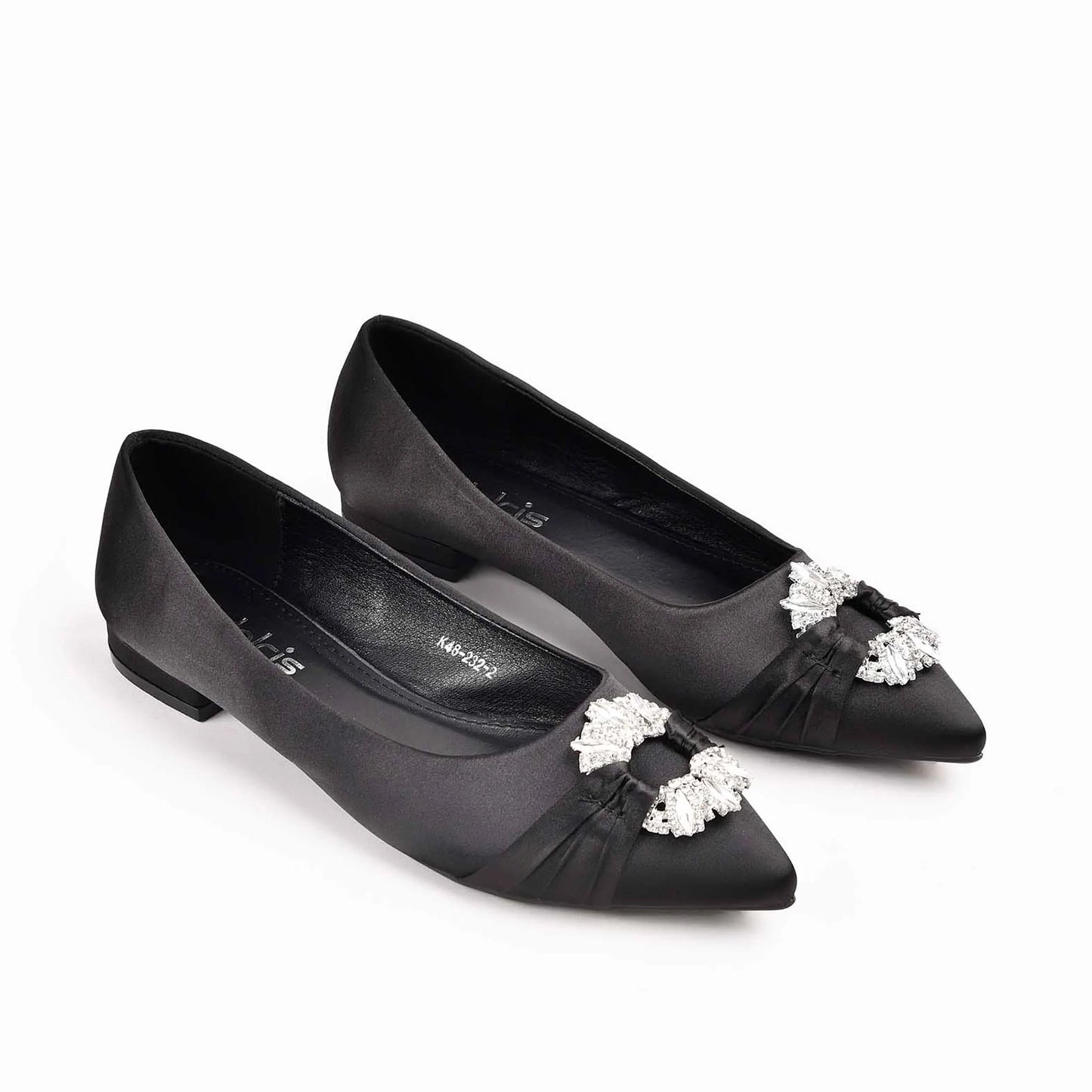 Elegant Black Satin Flats with Crystal Embellishment Slippers | 468M-C