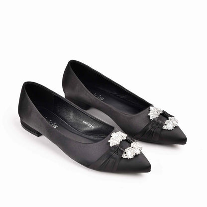 Elegant Black Satin Flats with Crystal Embellishment Slippers | 468M-C